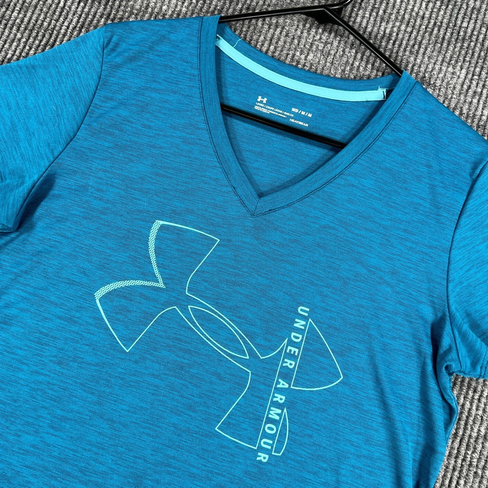 Under Armour Shirt Womens Medium Blue Graphic Short Sleeve HeatGear Training